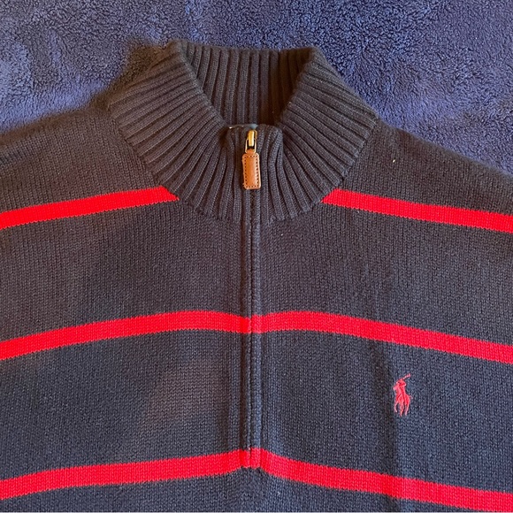 Polo Ralph Lauren Men’s Quarter Zip Sweater Navy Blue Red Striped Knit Pullover - Picture 4 of 5